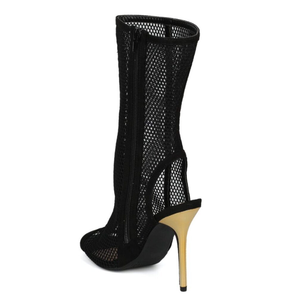 Wild Diva Adele Peep Toe Caged Black Mesh Sandal Gold  Heels SZ 7 - Picture 3 of 10